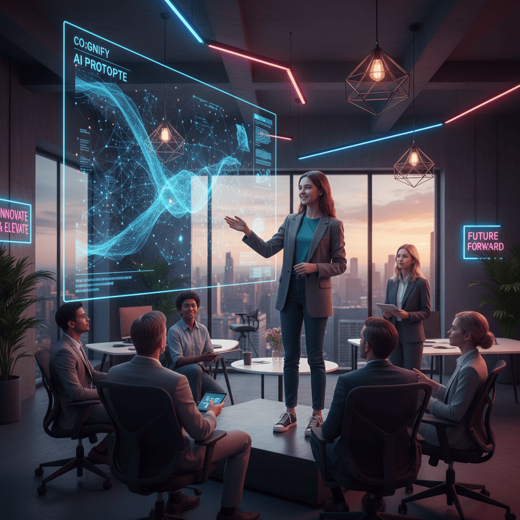 Young programmer presenting AI prototype