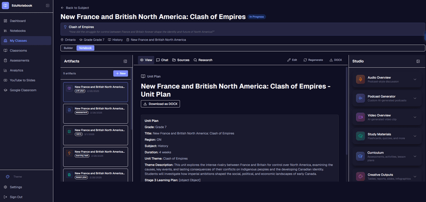 EduNotebook Notebook view with artifacts and Studio panel