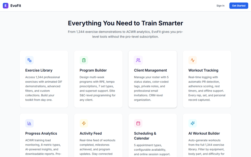 EvoFit Trainer feature grid