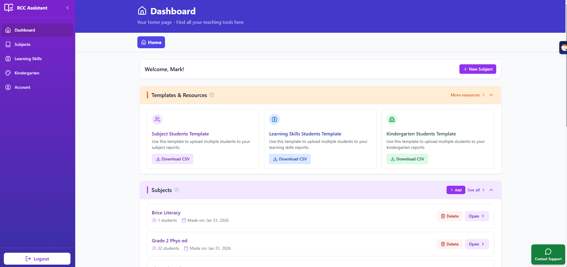Report Card Comment Assistant dashboard with templates and subjects