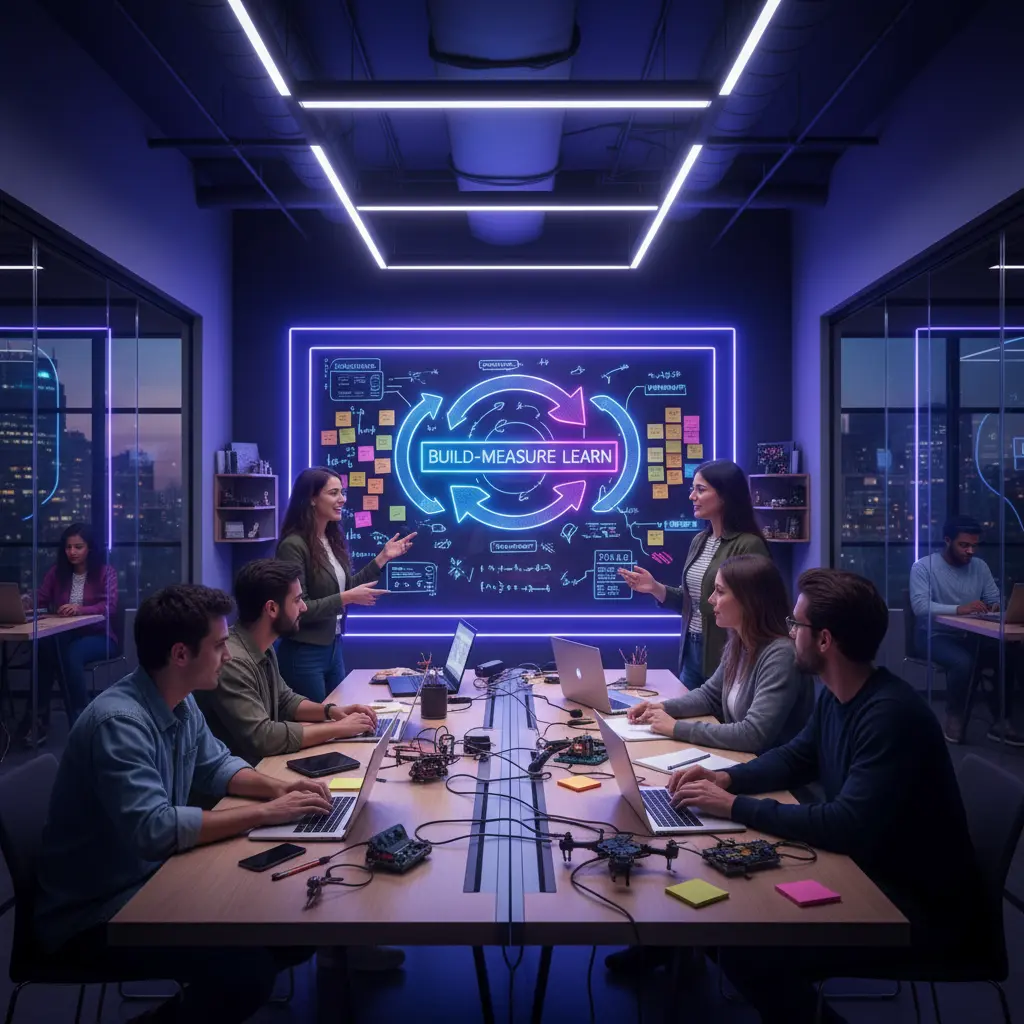 Startup studio with Build-Measure-Learn cycle on display — the Lean Education Framework in action